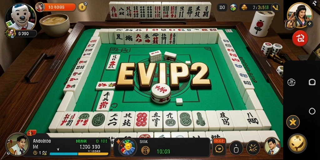 Screenshot gameplay EVIP2 menampilkan suasana permainan Mahjong yang menawan.