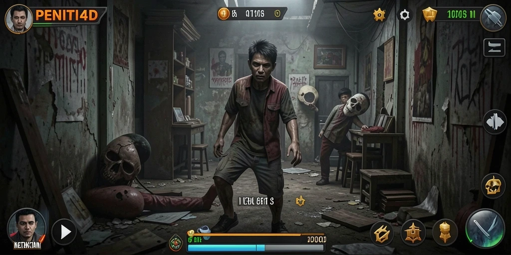 Tampilan gameplay <strong>PENITI4D</strong> yang menyeramkan dan mendebarkan.